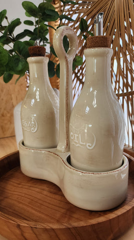 Vinegar & Oil stoneware bottles and stand