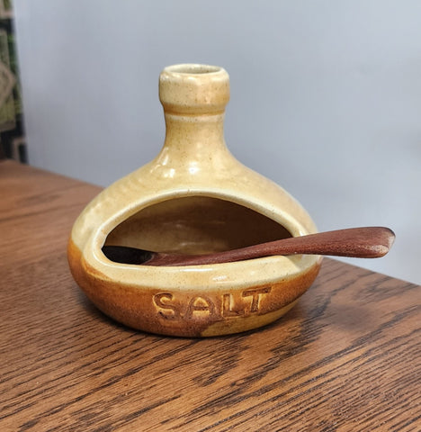 Pottery salt pig and spoon