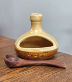 Pottery salt pig and spoon